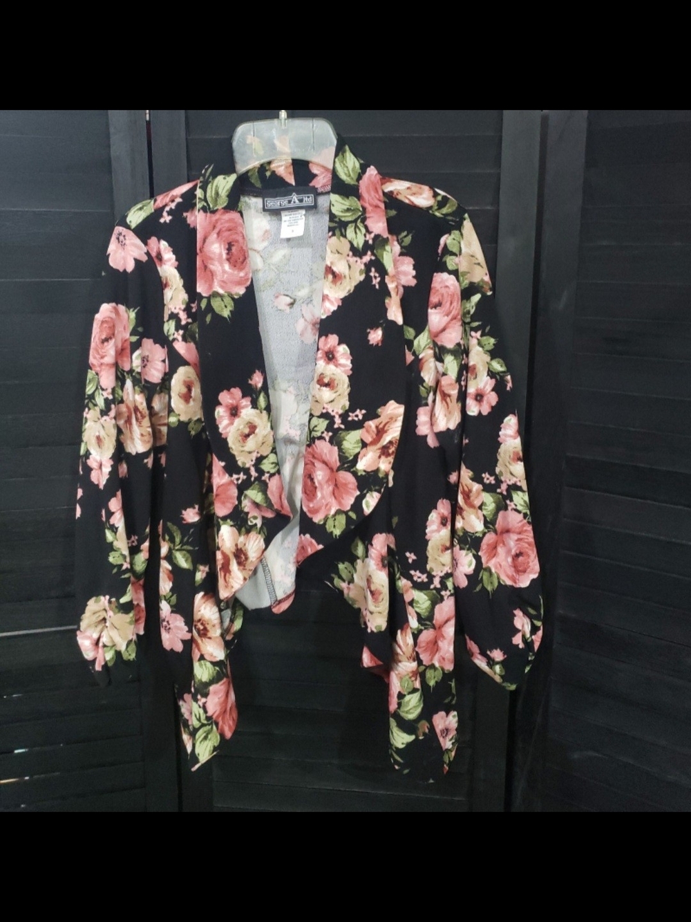 George A Ltd Floral Draped Open Front Top - Black with Pink & Cream Roses